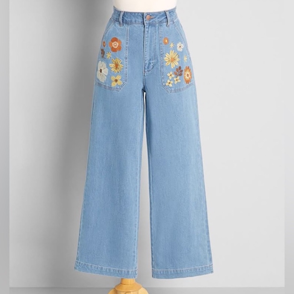 Princess Highway Floral Embroidered Wide-Leg Jeans